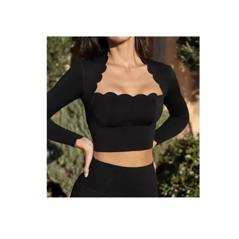 Ajuste ajustado con cuello cuadrado para mujer, alta elasticidad, deportes adelgazantes, manga larga, carrera profesional, secado rápido, fitness