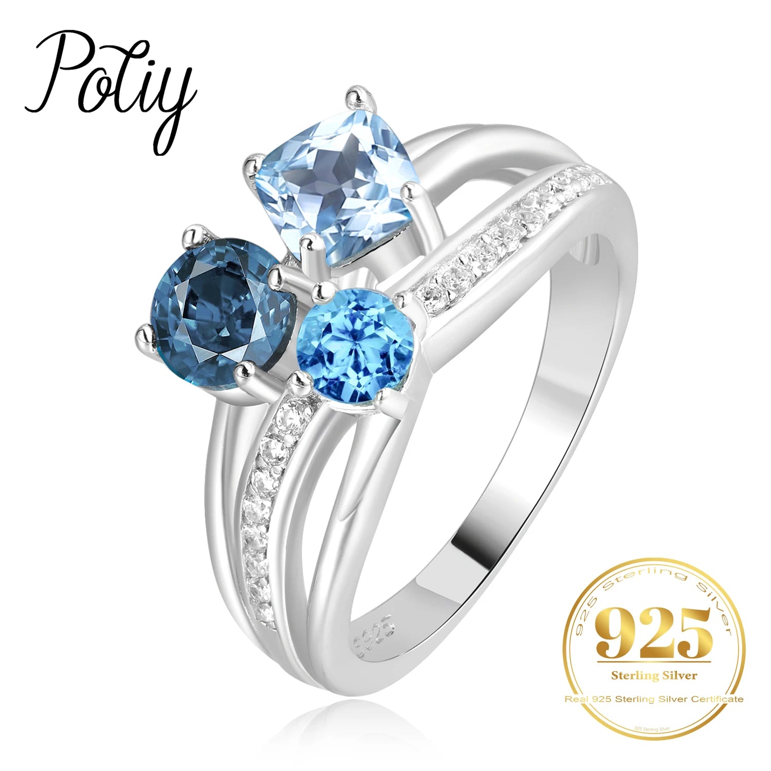 Anillo de Lujo Potiy Infinity con 3 Piedras de Topacio Azul Cielo de Londres, Genuino, Natural, Suizo, en Plata de Ley 925 para Mujer, Joyería Fina