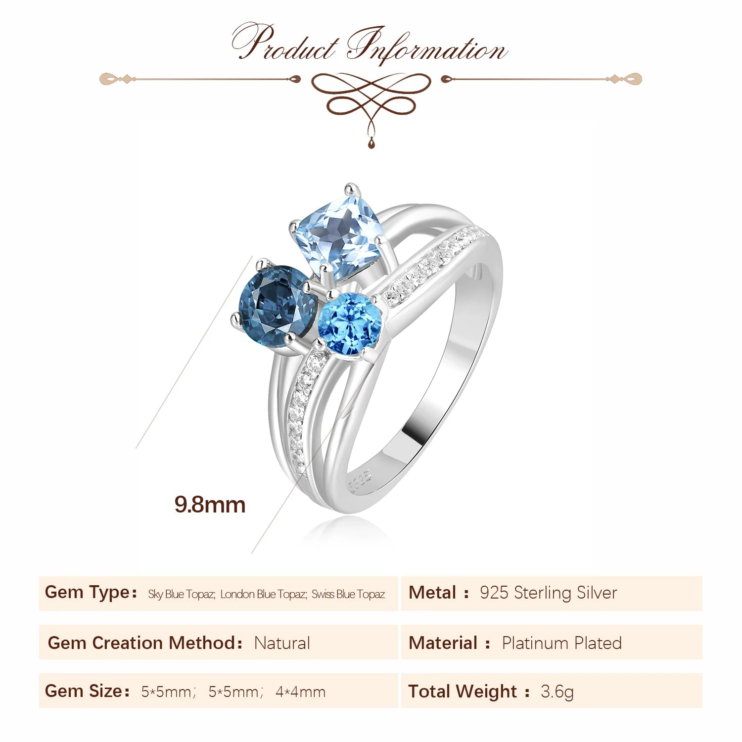 Anillo de Lujo Potiy Infinity con 3 Piedras de Topacio Azul Cielo de Londres, Genuino, Natural, Suizo, en Plata de Ley 925 para Mujer, Joyería Fina