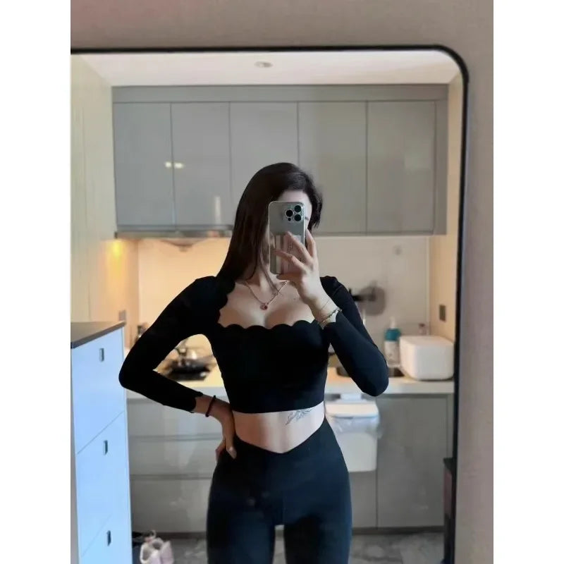 Ajuste ajustado con cuello cuadrado para mujer, alta elasticidad, deportes adelgazantes, manga larga, carrera profesional, secado rápido, fitness